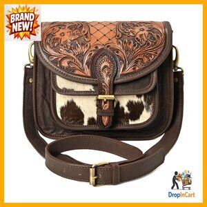 Hand-Tooled Leather Crossbody Bag Western Cowhide Hair-On Boho Chic Purse